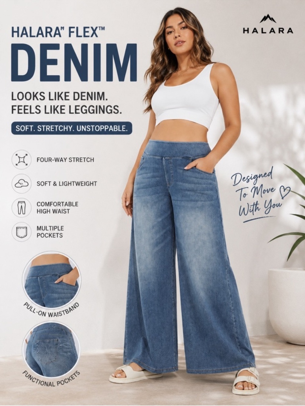 Halara Flex High Waist Multiple Pockets Baggy Wide Leg Washed Denim Pants 1X/18W